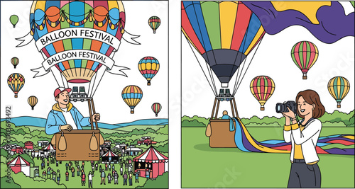 Colorful balloon festival, hot air balloons, scenic outdoor event, smiling people, photography, summer celebration, travel adventure, blue sky, green hills, tents