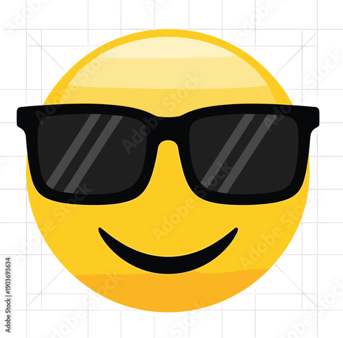 Cool emoji face, sunglasses smiley, confident expression, digital icon, relaxed mood, vector illustration, glossy shades, grid background, fun design