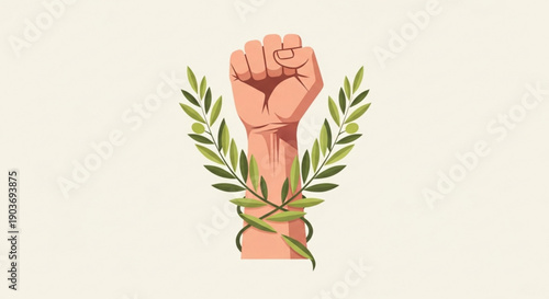 Raised fist with olive branch symbolizing peace and protest in a symbolic gesture of unity and solidarity