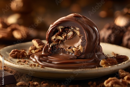 Delicate swirl of rich chocolate envelops succulent pecan filling creamy center oozing onto plate like liquid moonlight over forest of crunchy nutty fragment within classic Buckeye candy born heart of