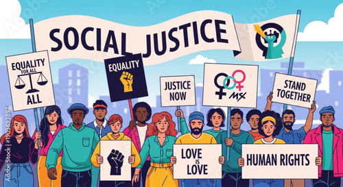 Diverse group of people protesting for social justice equality and human rights with signs and banners