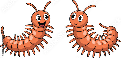 PrintCute Cartoon Centipede Characters Set with Friendly Smiling Faces and Orange Segmented Bodies Isolated on White Background for Children Educational Books and Mascot