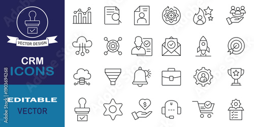 CRM outline icon set symbol collcetion. Set of 24 icons related to data, report, strategy, manage, loyalty, contact, marketing, integration, cloud, conversion and more. Editable stroke.