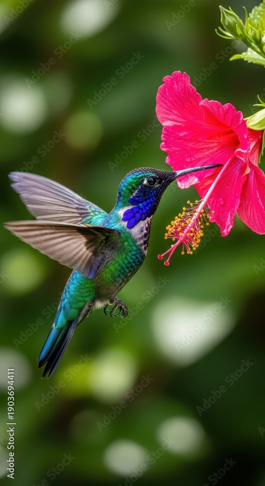 Fototapeta premium Iridescent hummingbird hovers while drinking nectar from a vibrant pink tropical flower