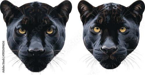 PrintTwo Realistic Black Panther Head Portraits with Intense Yellow Eyes and Detailed Fur Textures Vector Illustration Isolated on White Background for Wildlife Logo Design
