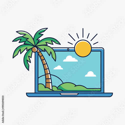 A laptop displaying a tropical beach scene with a palm tree and sun