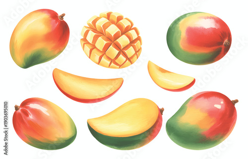 Fresh yellow mangoes with leaves and sliced fruit in natural watercolor.