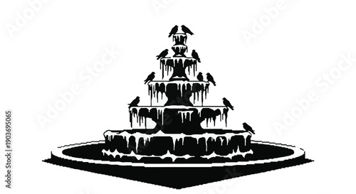 A gothic fountain with ravens perched on its tiers, rendered in a stark black and white illustration