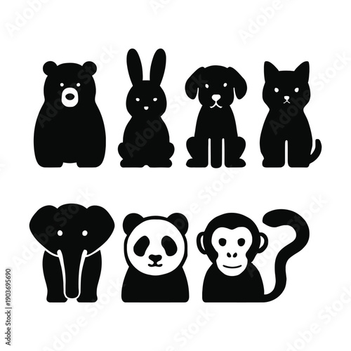 Black silhouettes of seven cute animals