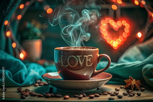 Coffee cup with steam forming the word love