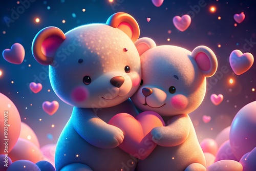 Cute teddy bears hugging surrounded by hearts