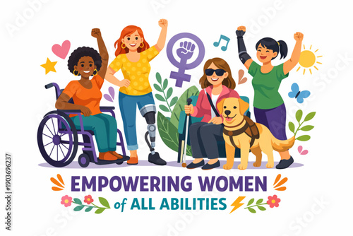 Diverse women with disabilities and a service dog celebrate empowerment and inclusion