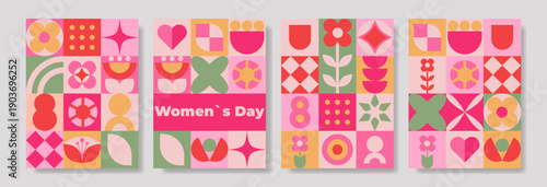 Geometric posters with spring and March theme using pastel colors and abstract shapes. Perfect for decor and promotion.