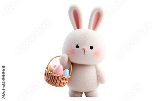 Cute stylized Easter bunny character holding a small basket of colorful eggs during the Easter celebration