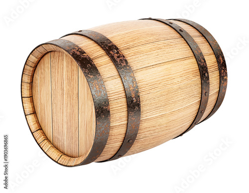 Wooden oak wine or whiskey barrel with metal hoops

