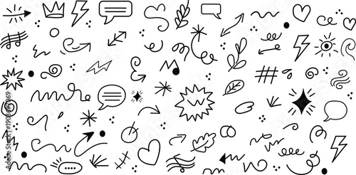 A collection of various abstract black line art shapes and symbols