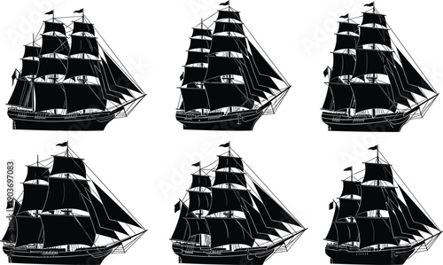 WebCollection of vintage sailing ship silhouettes featuring classic three masted wooden vessels with large sails for maritime history nautical exploration and ocean adventure design projects