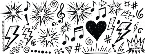 Black and white illustration of music and explosion symbols