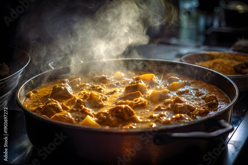Rich aroma of slow cooked onion spice waft through steam shrouded kitchen where Massaman curry's creamy texture deep flavor simmer gently low heat amidst medley of tender beef crunchy peanut clean