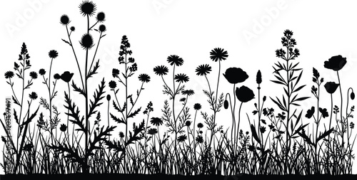 Black wildflower meadow silhouette set with field flowers grass and garden plants isolated on white for cad drawing flat vector illustration