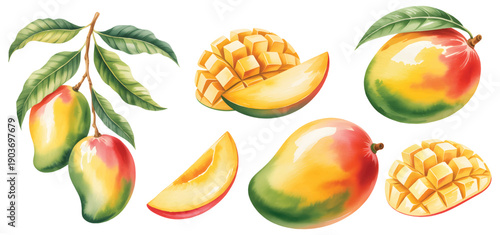 Fresh yellow mangoes with leaves and sliced fruit in natural watercolor.