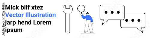 Stick figure examines issues with a magnifying glass next to speech bubbles and a wrench. Ideal for teamwork, analysis, troubleshooting, communication, collaboration, repair, and a simple landing