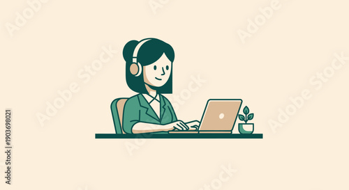 Professional woman with headphones working on laptop at desk.