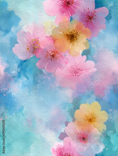 Watercolor background showing pastel colors of spring flowers and Easter eggs blending softly in a light and airy style