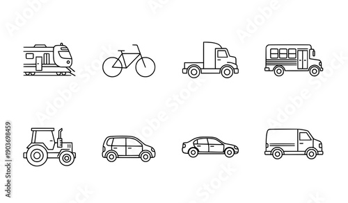 Transport line icon set vector illustration with train, bicycle, bus, and truck