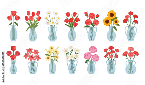 Vector illustration of vases with colorful flower bouquets set for interior decoration and home design