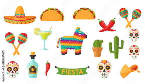 Colorful Mexican icons vector set isolated on white background