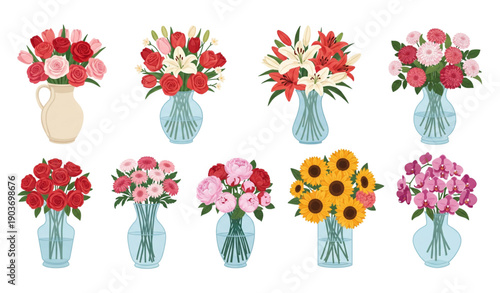 Vector set of vases with colorful flower bouquets in multiple perspectives for interior decoration