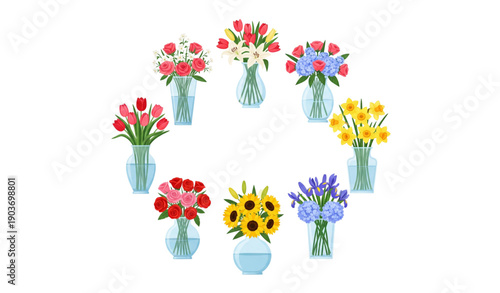 Circular vector composition of vases with colorful flower bouquets for home décor and interior design