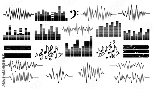 Stylized music and sound wave vector set with equalizer bars