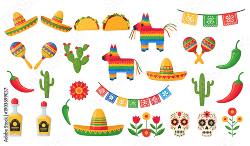Mexican culture and fiesta flat vector icons set