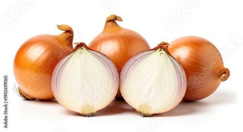 Wallpaper Mural Close-up of several brown onions, some whole, others halved, against a white backdrop Torontodigital.ca