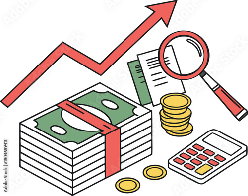 Isometric Financial Analysis Illustration with Money, Calculator, and Growth Chart