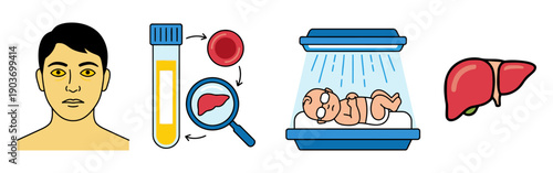 Jaundice Awareness Medical Concept Set Liver Disease Symptoms Diagnosis Blood Test Newborn Phototherapy Healthcare Icons flat vector illustration
