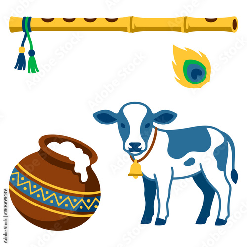 Krishna Festival Symbol Set Cow Flute Peacock Feather Butter Pot Indian Cultural Spiritual Religious Traditional Elements flat vector illustration