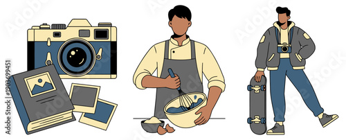 Male Lifestyle Hobby Set Photographer Camera Cooking Chef Baking Skateboard Youth Activity Modern Daily Life Concept Character Design flat vector illustration
