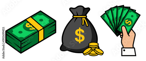 Money Cash Finance Icon Set with Dollar Bills Stack Money Bag Coins Currency Notes Hand Holding Cash Financial Wealth Concept flat vector illustration