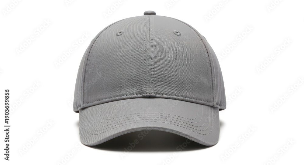 Fototapeta premium Front-facing view of a plain, light grey baseball cap against a white backdrop