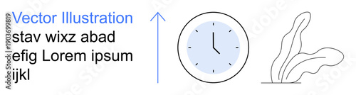 Time management, productivity, design concepts, office planning, minimalism, branding. A blue clock, upward arrow abstract plant and placeholder text. Time management and productivity concepts