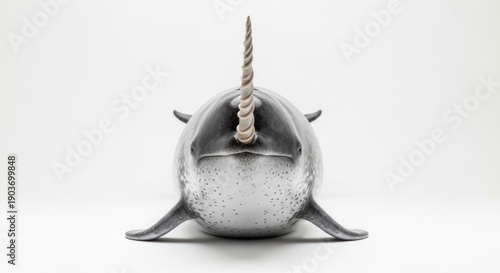 Front-facing, detailed, studio shot of a narwhal with prominent spiraled tusk, white background