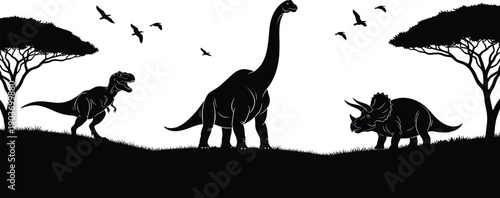 Dinosaur silhouette illustration, prehistoric wildlife scene, Tyrannosaurus rex, Brachiosaurus, Triceratops, acacia trees, flying birds, ancient nature, black vector art design