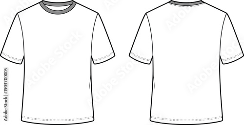 Classic short sleeve t-shirt technical flat sketch, front and back view, fashion cad drawing, minimal clothing design template, vector illustration mockup