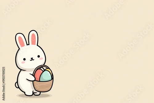 Kawaii style Easter bunny with basket of eggs for spring celebration and holiday joy