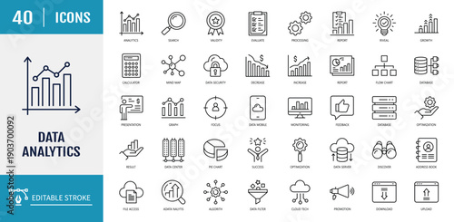 Data Analytics icons set. Includes database, statistics, server, network, big data, data processing, data mining, and more. Outline Icon Set. Editable stroke with Vector illustration