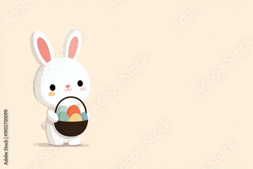 Cute kawaii easter bunny carries a basket of colorful eggs for easter celebration in a simple cartoon style
