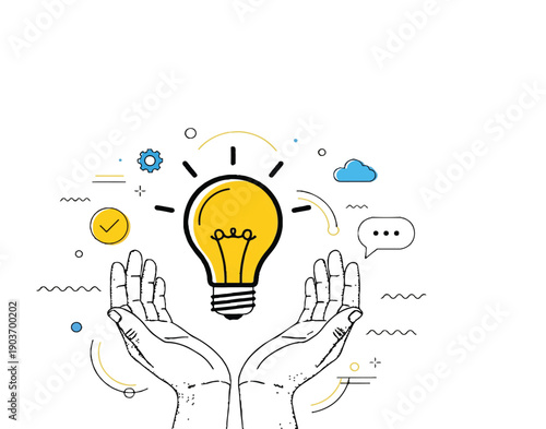 Trendy Halftone Collage Two Hands holds lightbulb. Creative mind, brainstorm or innovation. Create creative idea concept. Business solutions. Think outside box. Contemporary vector illustration
